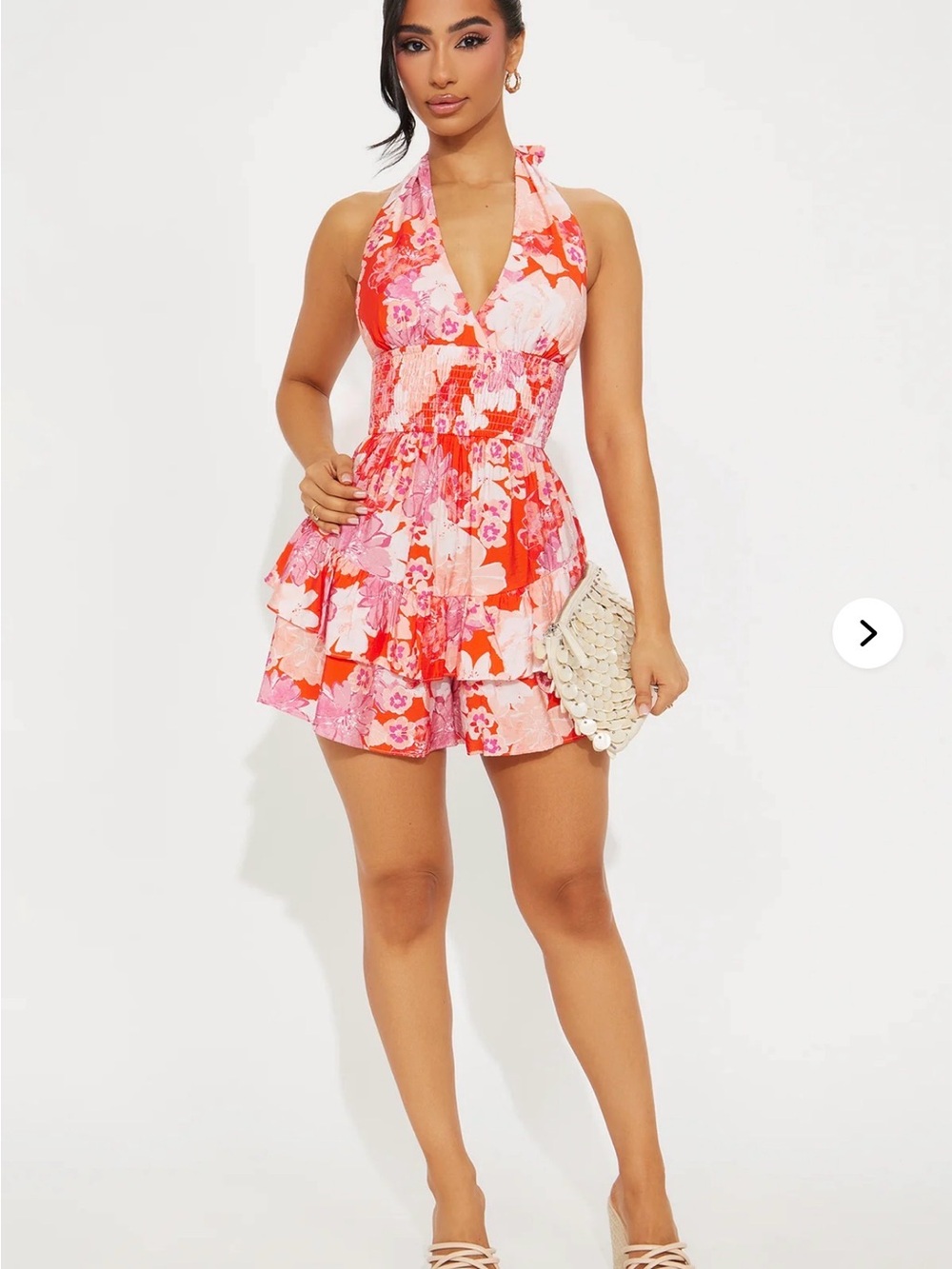 Fashion Nova Floral Halter Romper - Pink & Red